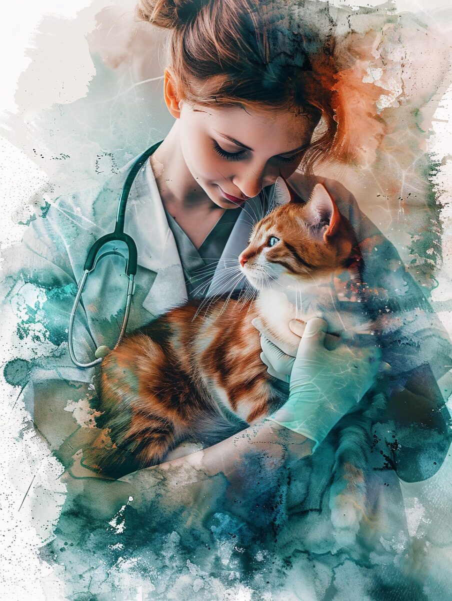 veterinarian, vet, pet care, animal, cat, artistic, nurturing, veterinary practice, holding, animal care, health, stethoscope, medical, pet, nature, clinic, caring, medical professional, vet clinic, veterinary care, pet doctor, vet office, humane, medical care, pet safety, healing, empathetic, ai generated